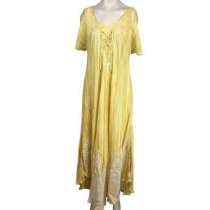 SAKKAS - WOMEN'S FREE SIZE - YELLOW CAP SLEEVE RAYON EMBROIDERED BOHO DRESS